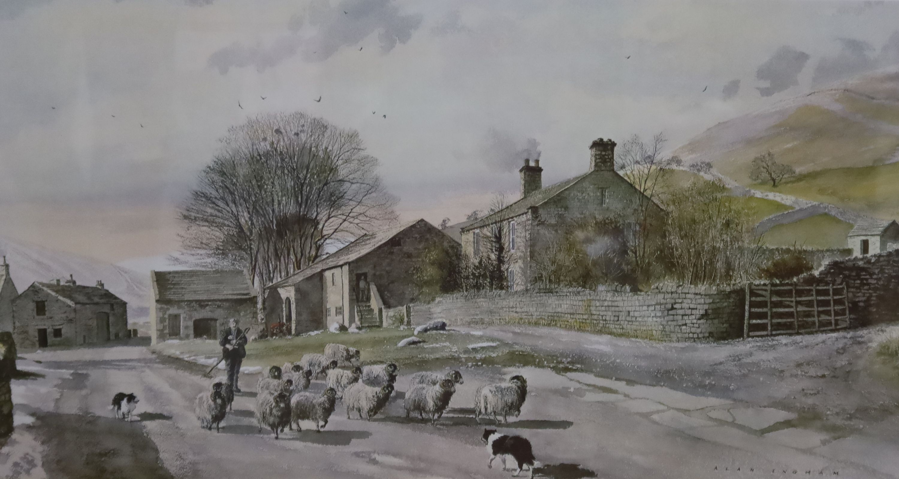 Alan Ingham, colour print, Shepherd and flock on a lane, 40 x 74cm